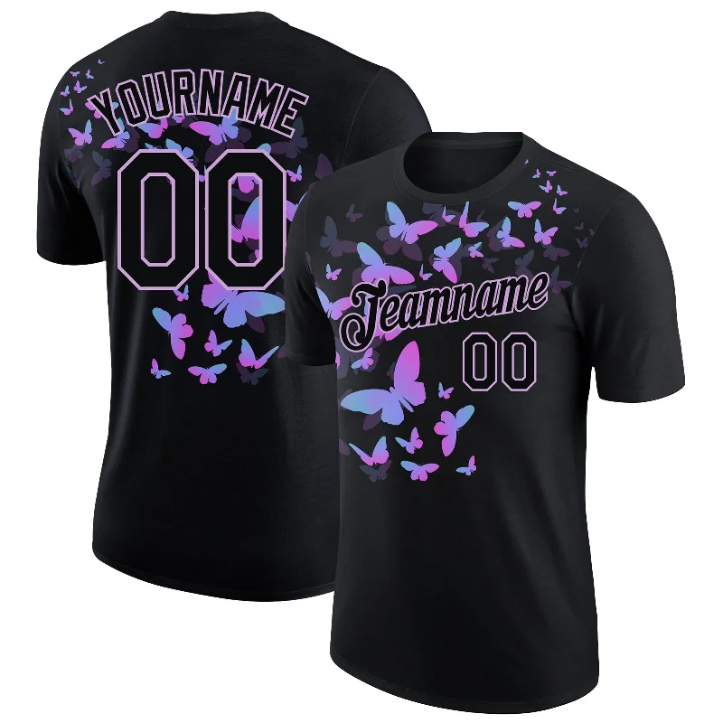 Oversized T-Shirt for Relaxed Vibe-Custom Black Light Purple 3D Pattern Design Butterfly Performance T-Shirt