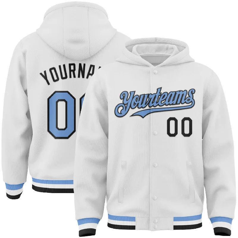 Warm Fleece Lined Hoodie for Winter Protection-Custom White Light Blue-Black Bomber Full-Snap Varsity Letterman Hoodie Jacket