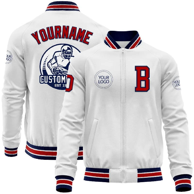 Cool Moto Jacket for Edgy Style-Custom White Red-Navy Bomber Varsity Letterman Zipper Jacket