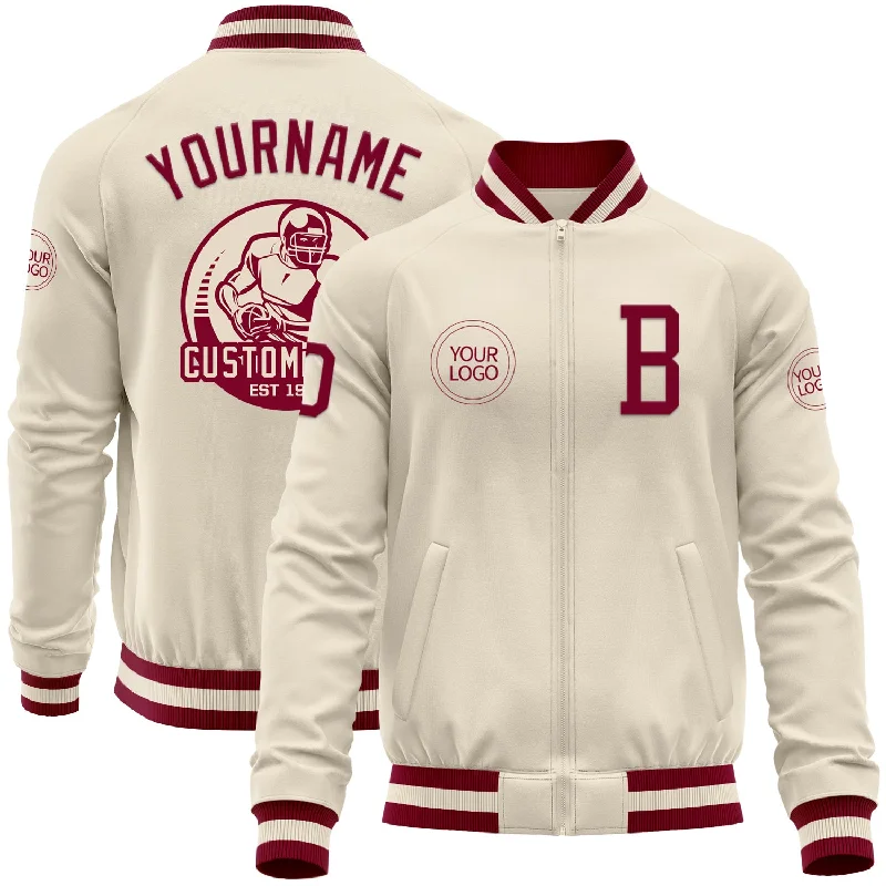 Premium Snow Jacket for Skiing and Snowboarding-Custom Cream Maroon Bomber Varsity Letterman Zipper Jacket