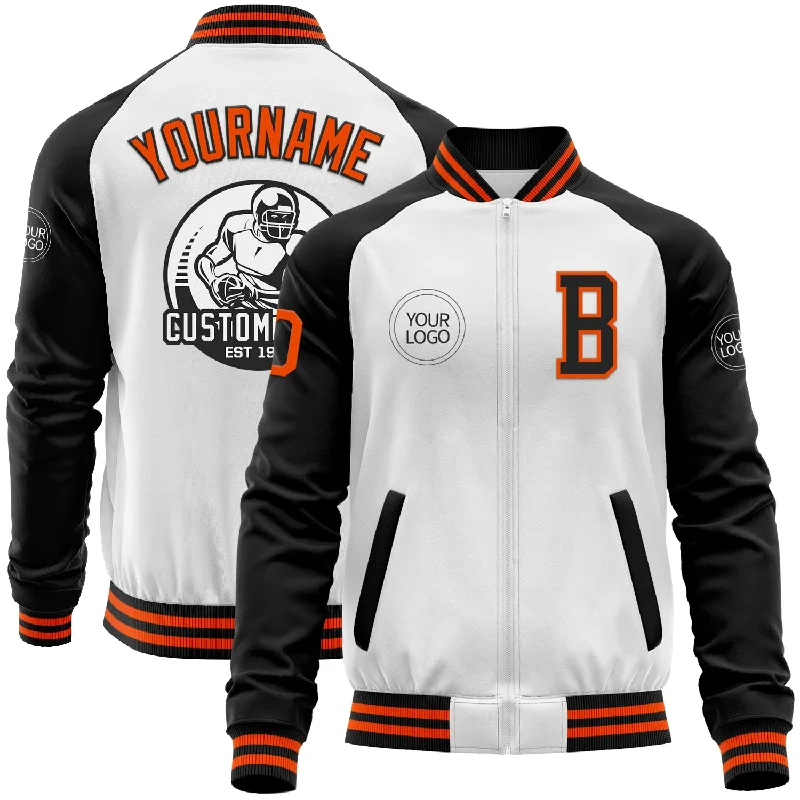 Insulated Jacket for Extreme Cold Weather-Custom White Orange-Black Bomber Varsity Letterman Two Tone Zipper Jacket