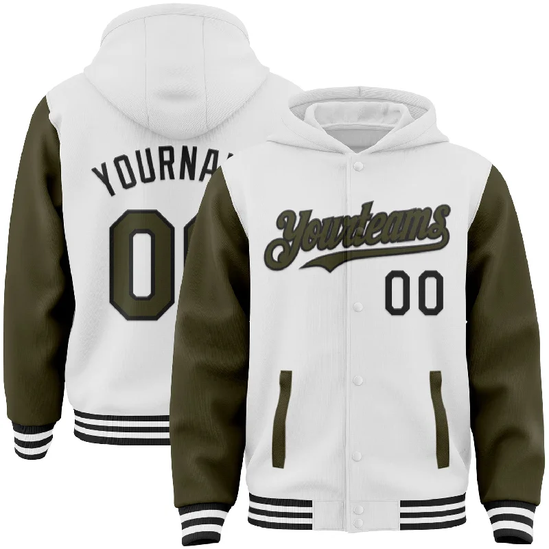 Warm Hooded Sweatshirt for Cozy Winter Wear-Custom White Olive-Black Bomber Full-Snap Varsity Letterman Two Tone Hoodie Jacket