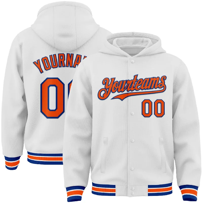 Classic Pullover Hoodie for Simple Comfort-Custom White Orange-Royal Bomber Full-Snap Varsity Letterman Hoodie Jacket