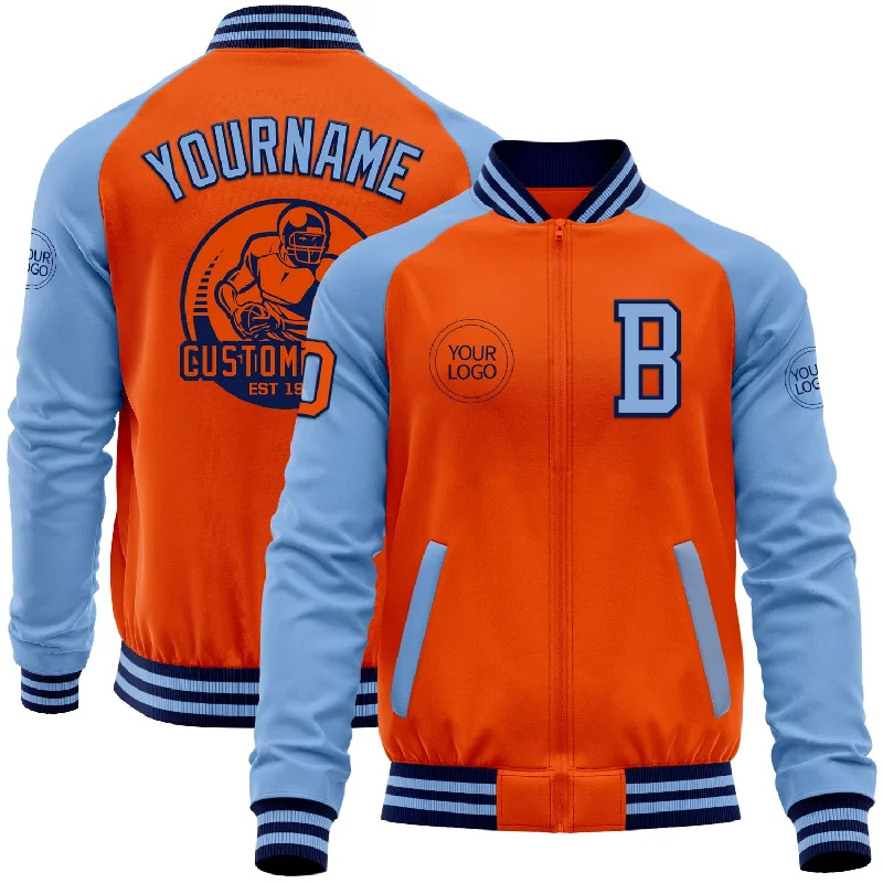 Casual V-Neck Jacket for Relaxed Vibes-Custom Orange Navy-Light Blue Bomber Varsity Letterman Two Tone Zipper Jacket