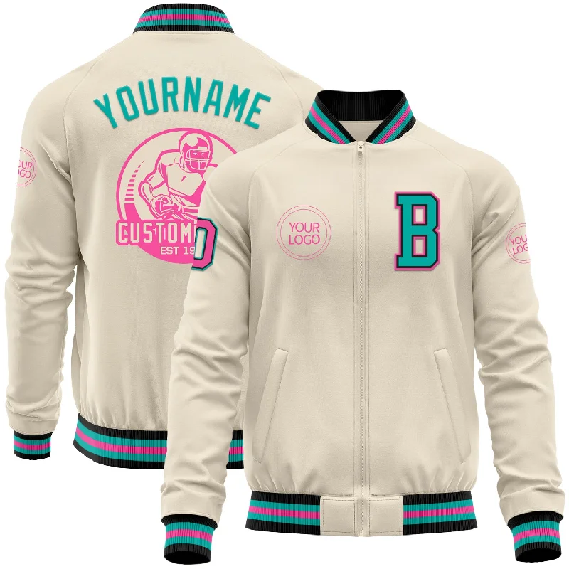 Waterproof Outdoor Jacket for Hiking Adventures-Custom Cream Pink Black-Aqua Bomber Varsity Letterman Zipper Jacket