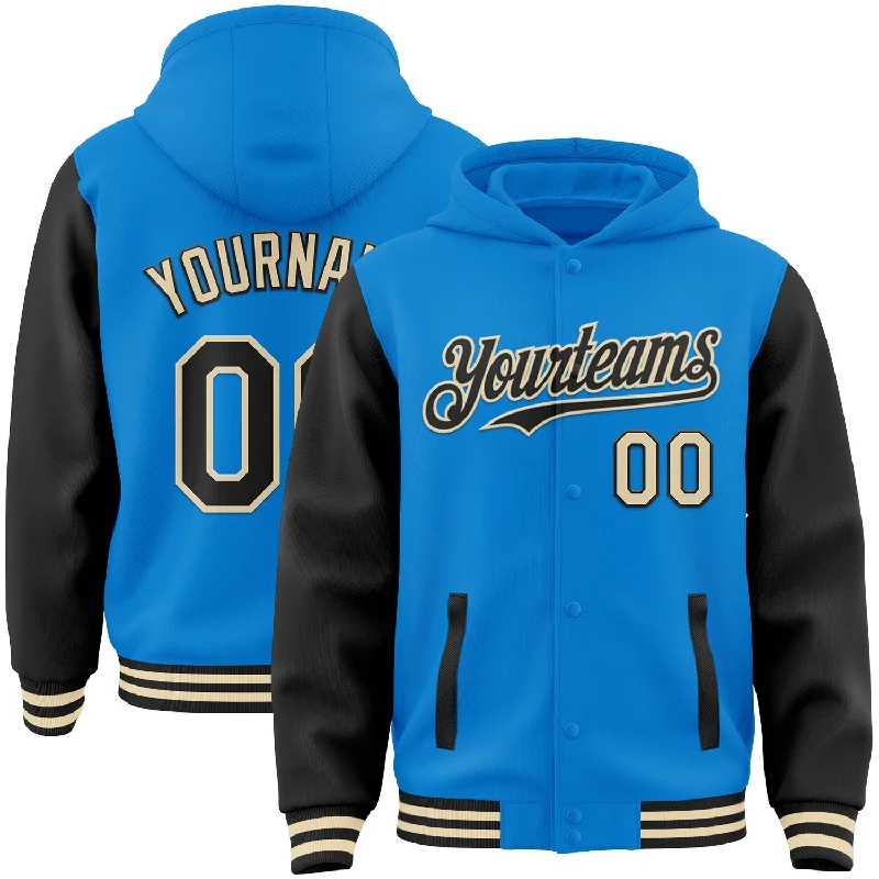 Versatile Hoodie for Layering in Any Season-Custom Powder Blue Black-Cream Bomber Full-Snap Varsity Letterman Two Tone Hoodie Jacket