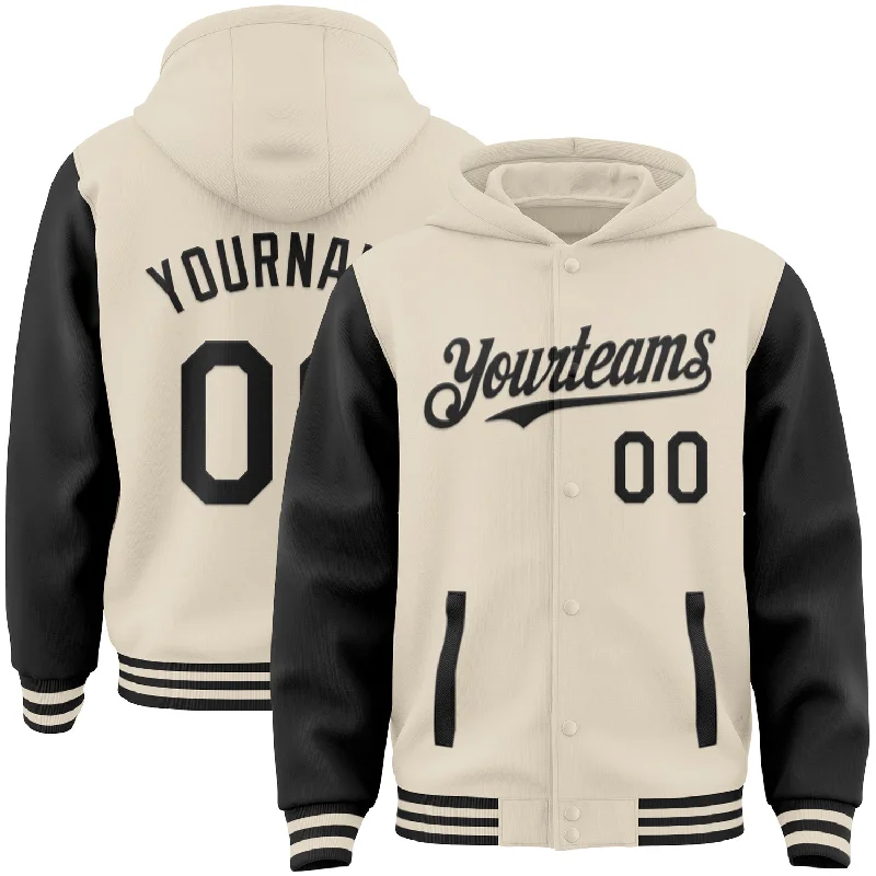 Classic Black Hoodie for Timeless Style-Custom Cream Black Bomber Full-Snap Varsity Letterman Two Tone Hoodie Jacket