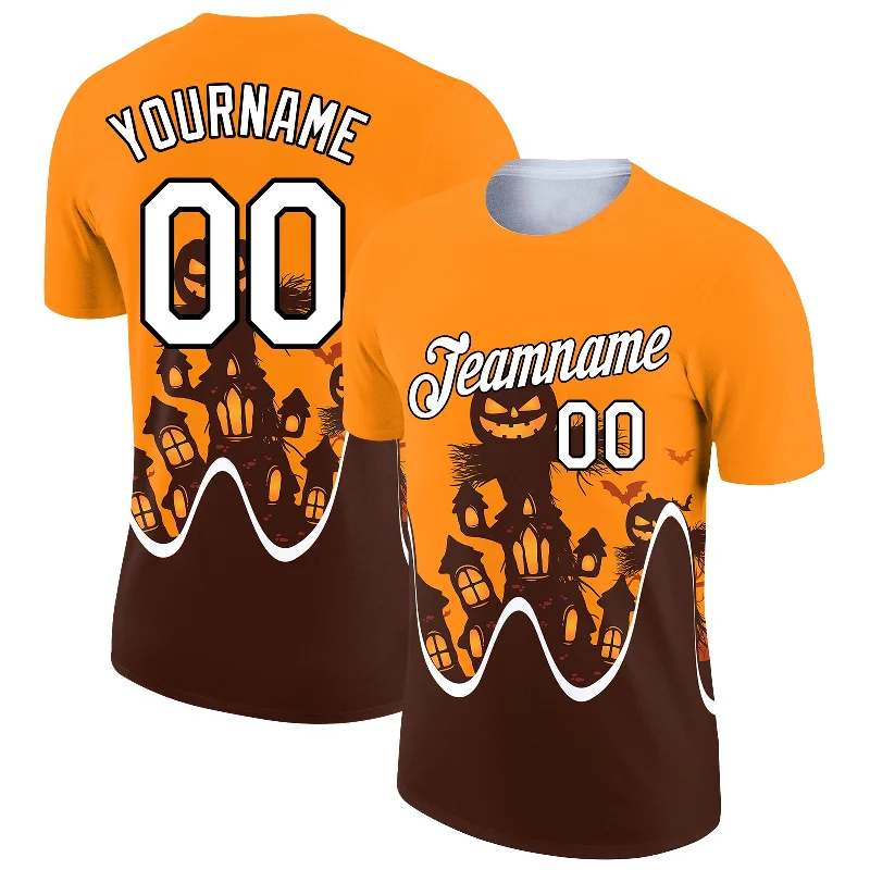 Comfortable Crew Neck T-Shirt for Casual Comfort-Custom Bay Orange Black-Brown 3D Halloween Performance T-Shirt