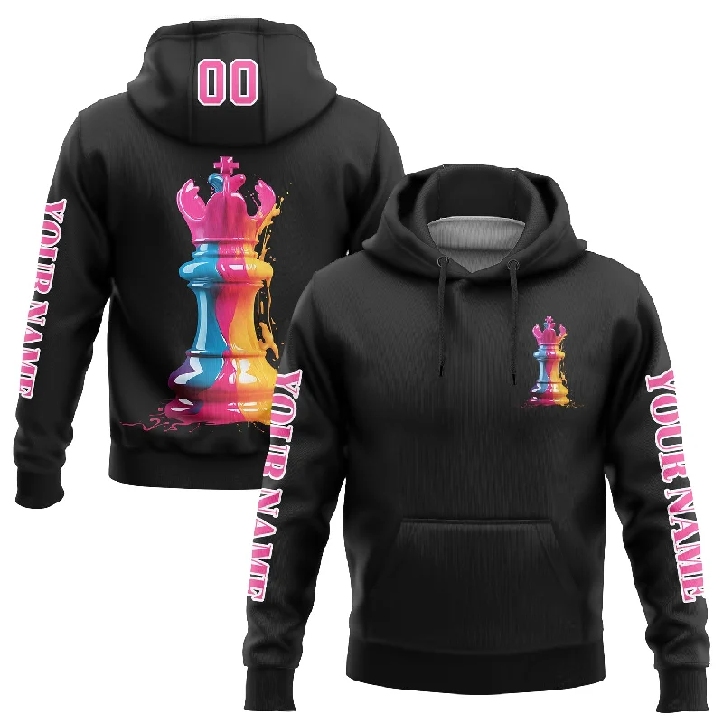 Lightweight Hoodie for Spring and Fall-Custom Stitched Black Pink-White 3D Watercolor Chess Piece International Chess Day Sports Pullover Sweatshirt Hoodie