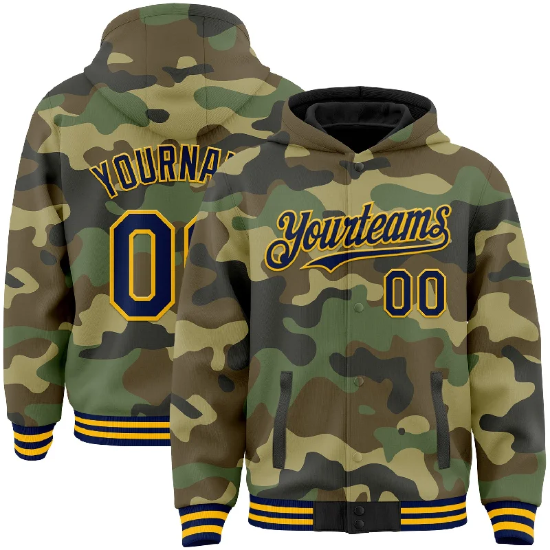 Relaxed Fit Hoodie for Weekend Vibes-Custom Camo Navy-Gold Bomber Full-Snap Varsity Letterman Salute To Service Hoodie Jacket