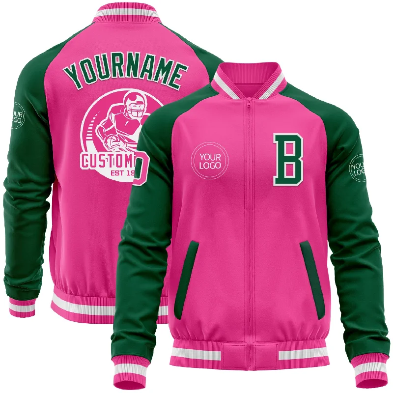 Warm Quilted Jacket for Comfort in Winter-Custom Pink White-Kelly Green Bomber Varsity Letterman Two Tone Zipper Jacket