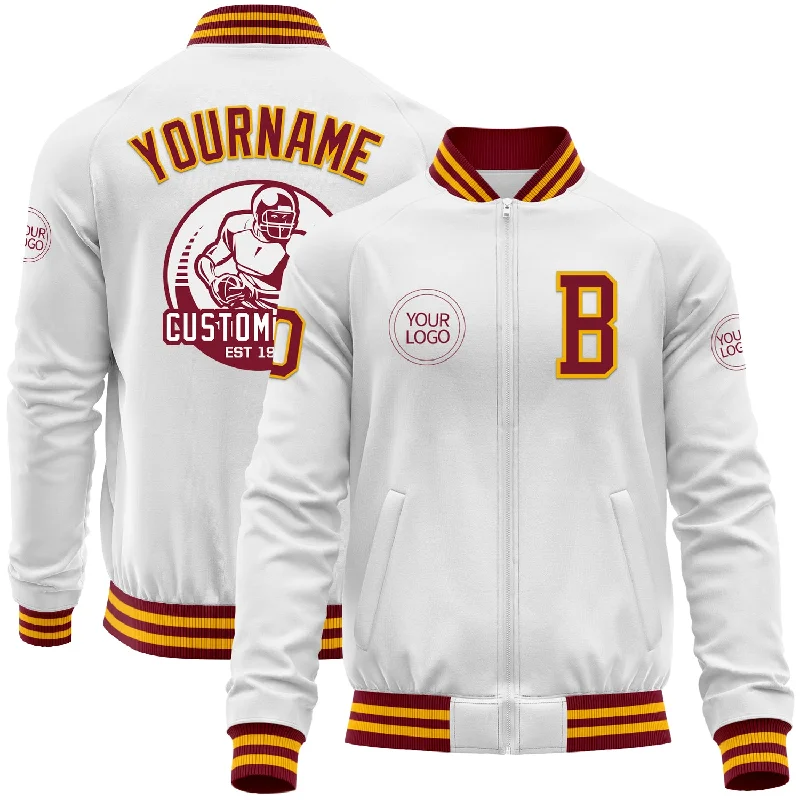 Classic Peacoat Jacket for Timeless Look-Custom White Crimson-Gold Bomber Varsity Letterman Zipper Jacket