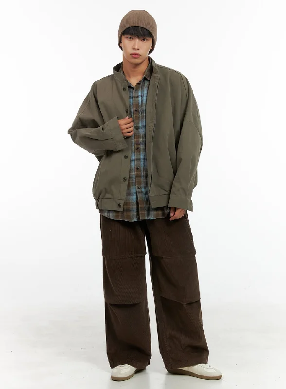 Fashionable Straight-Cut Pants for Work or Play-Men's Corduroy Pintuck Parachute Pants (Brown) IS419