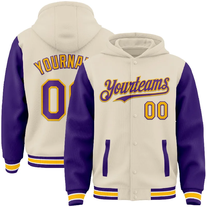 Cozy Hoodie with Comfortable Fit for Layering-Custom Cream Purple Gold-White Bomber Full-Snap Varsity Letterman Two Tone Hoodie Jacket