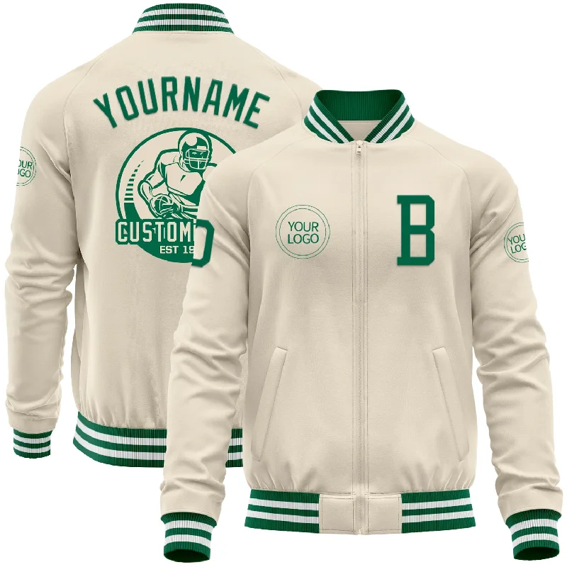 Comfortable Puffer Jacket for Winter Adventures-Custom Cream Kelly Green-White Bomber Varsity Letterman Zipper Jacket