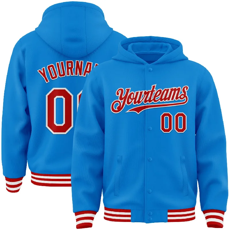 Cozy Hoodie with Ribbed Cuffs for Fit-Custom Powder Blue Red-White Bomber Full-Snap Varsity Letterman Hoodie Jacket