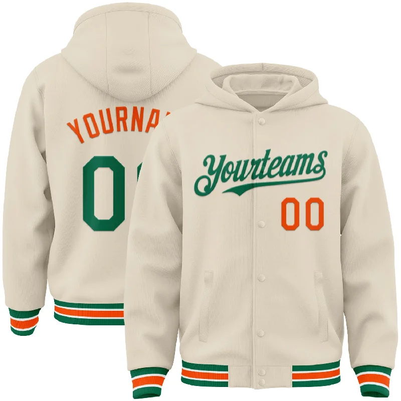 Cozy Hoodie for Layering in Cold Weather-Custom Cream Kelly Green Orange-White Bomber Full-Snap Varsity Letterman Hoodie Jacket