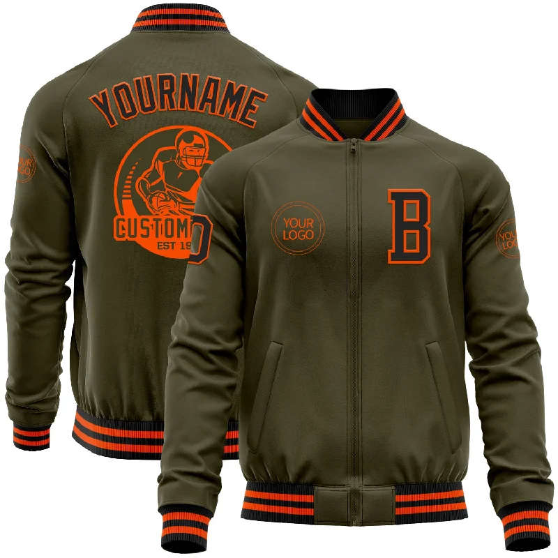 Sleek Faux Leather Jacket for Fashion-Forward Style-Custom Olive Black-Orange Bomber Varsity Letterman Salute To Service Zipper Jacket