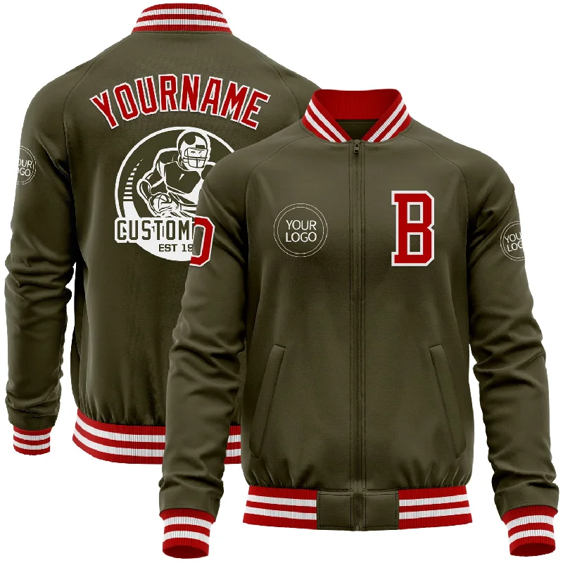 Sporty Track Jacket for Athleisure Style-Custom Olive Red-White Bomber Varsity Letterman Salute To Service Zipper Jacket