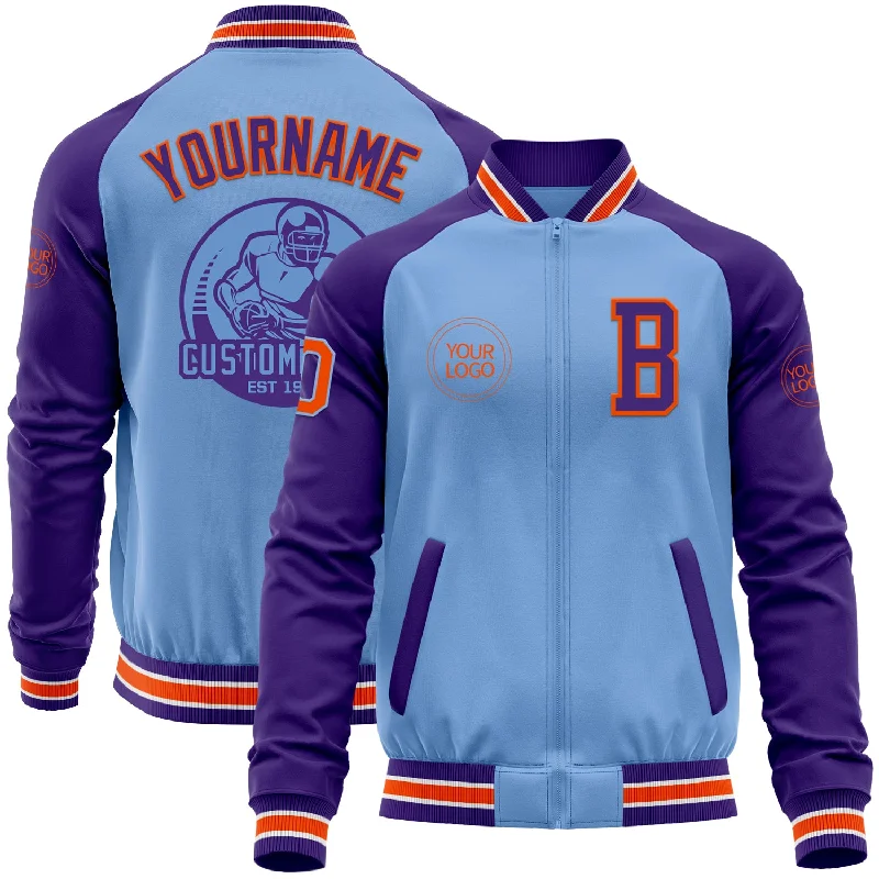 Cool Moto Jacket for Edgy Style-Custom Light Blue Orange-Purple Bomber Varsity Letterman Two Tone Zipper Jacket