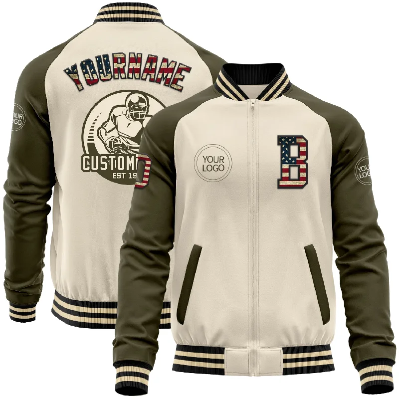 Stylish Leather Jacket for Trendy Look-Custom Cream Vintage USA Flag Black-Olive Bomber Varsity Letterman Two Tone Zipper Jacket