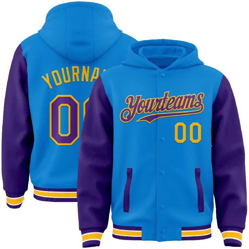 Custom Logo Hoodie for Team or Event Wear-Custom Powder Blue Purple-Gold Bomber Full-Snap Varsity Letterman Two Tone Hoodie Jacket