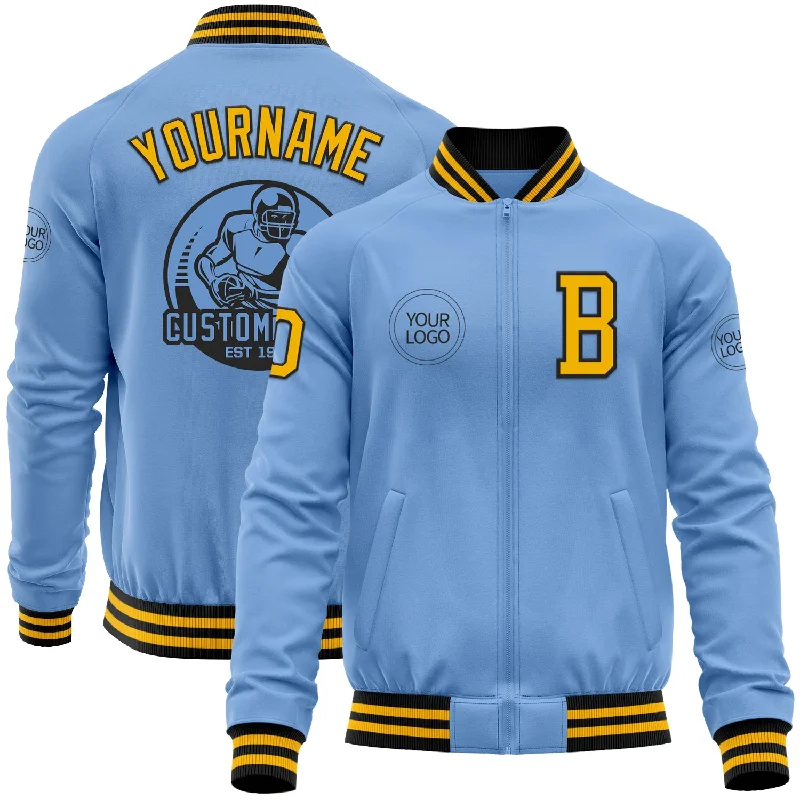 Waterproof Rain Jacket for Wet Weather-Custom Light Blue Gold-Black Bomber Varsity Letterman Zipper Jacket