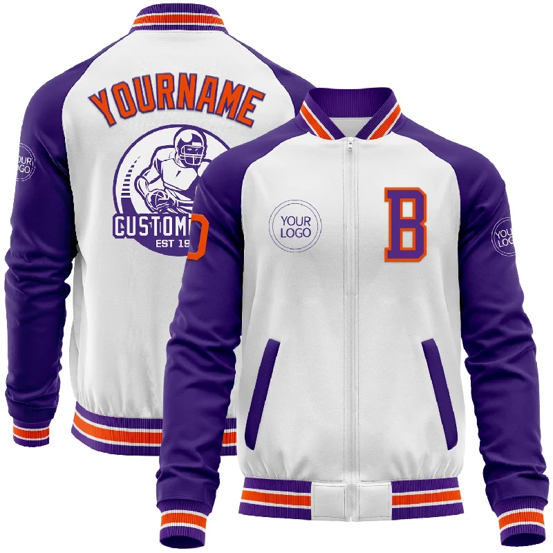 Stylish Puffy Jacket for Winter Warmth-Custom White Orange-Purple Bomber Varsity Letterman Two Tone Zipper Jacket