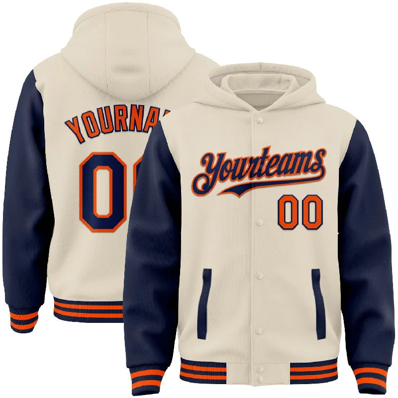 Cozy Hoodie for Layering in Fall and Winter-Custom Cream Navy-Orange Bomber Full-Snap Varsity Letterman Two Tone Hoodie Jacket