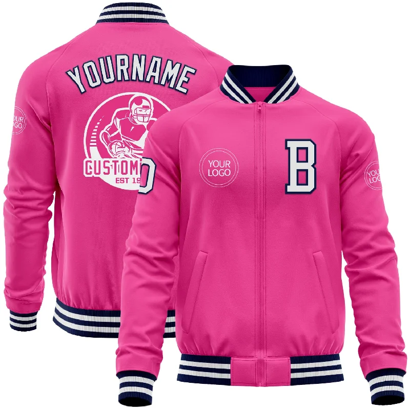 Chic Double-Breasted Wool Jacket for Elegance-Custom Pink White-Navy Bomber Varsity Letterman Zipper Jacket