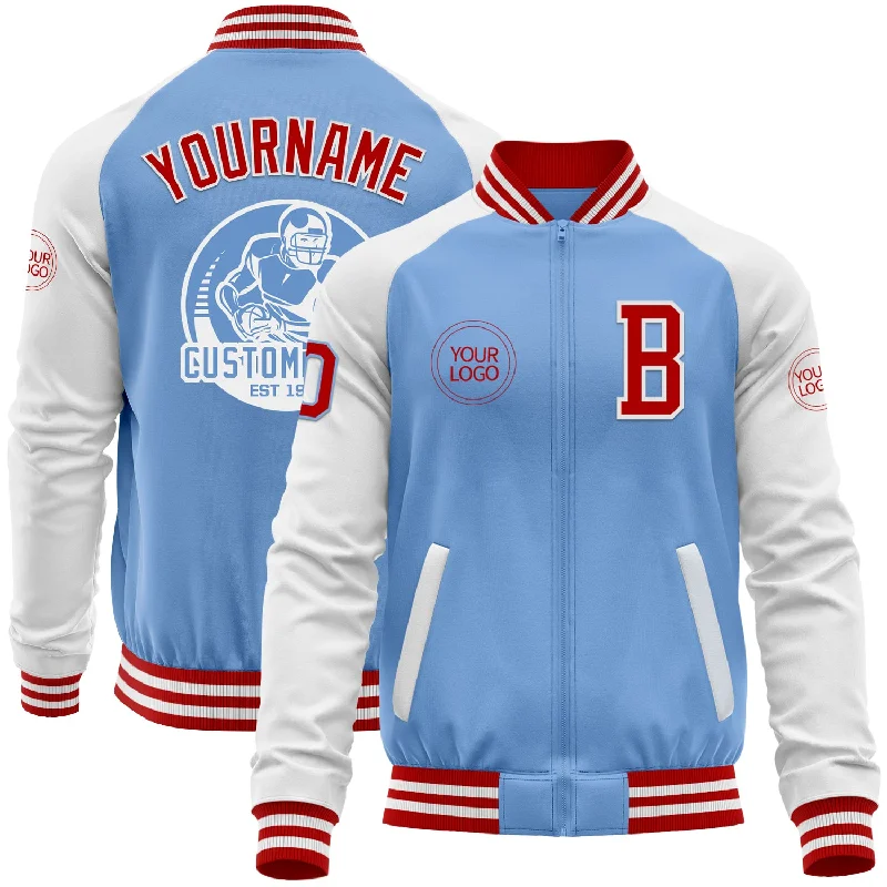 Fashionable Windbreaker Jacket for Layering-Custom Light Blue Red-White Bomber Varsity Letterman Two Tone Zipper Jacket