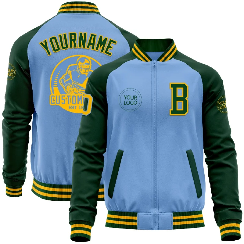 Stylish Cropped Jacket for Fashionable Look-Custom Light Blue Gold-Green Bomber Varsity Letterman Two Tone Zipper Jacket