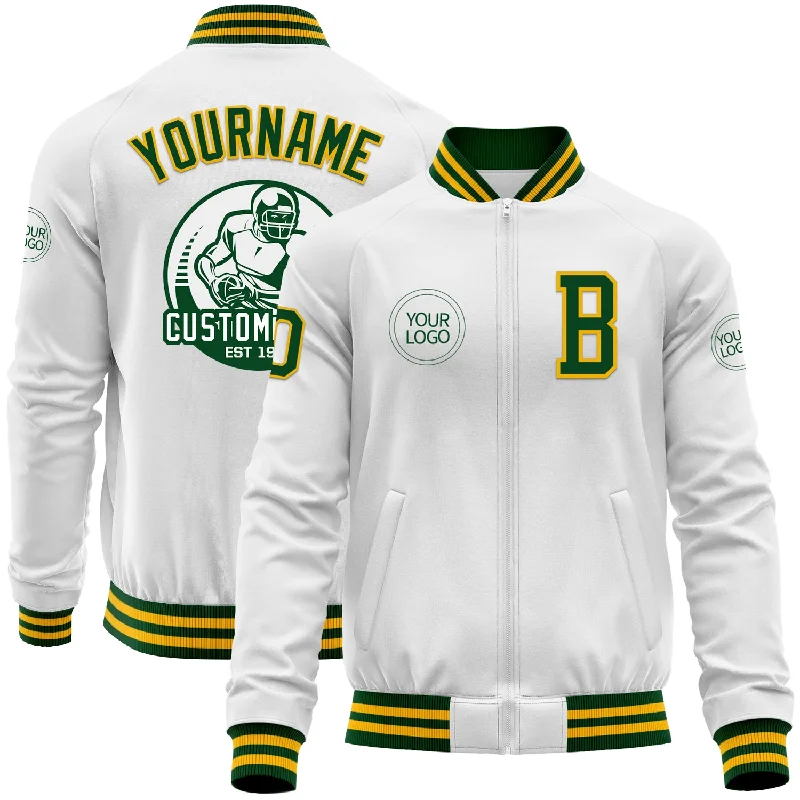 Stylish Utility Jacket for Practical Fashion-Custom White Green-Gold Bomber Varsity Letterman Zipper Jacket