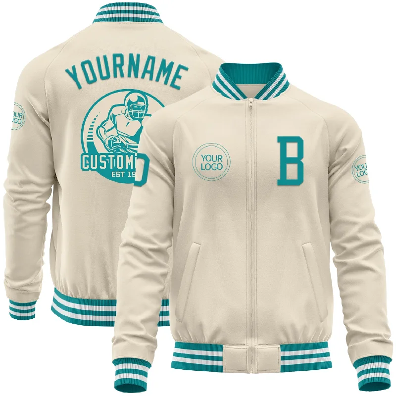 Soft Corduroy Jacket for Casual Comfort-Custom Cream Teal-White Bomber Varsity Letterman Zipper Jacket