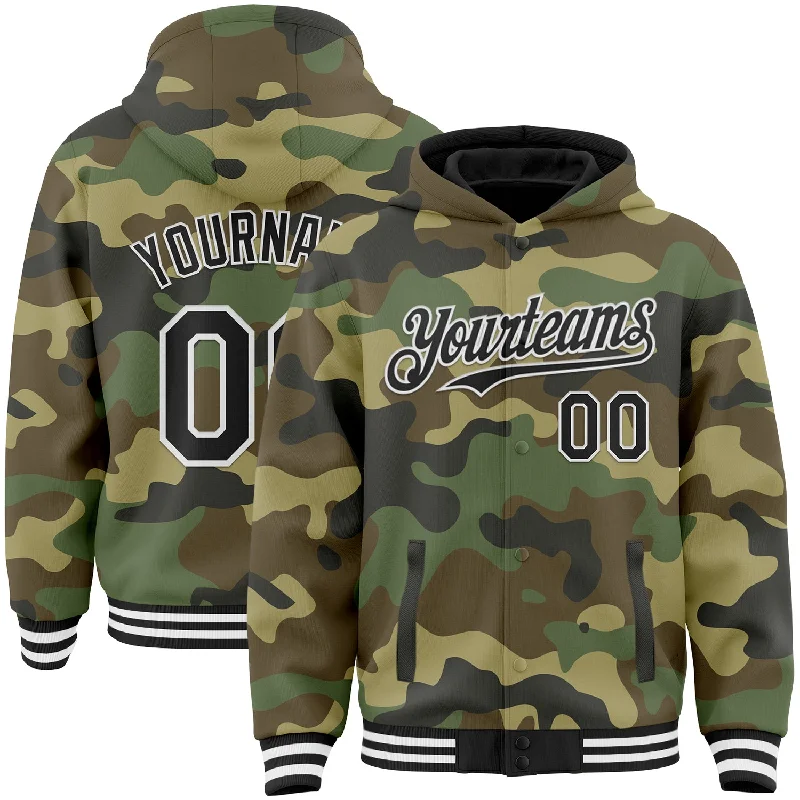 Trendy Hoodie with Contrast Sleeves for Unique Style-Custom Camo Black-White Bomber Full-Snap Varsity Letterman Salute To Service Hoodie Jacket