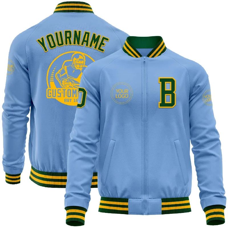 Versatile Outdoor Jacket for All-Weather Wear-Custom Light Blue Green-Gold Bomber Varsity Letterman Zipper Jacket