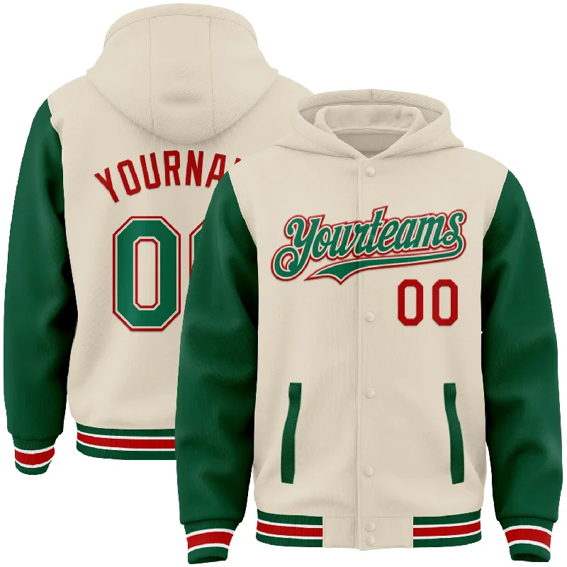 Warm Fleece Hoodie for Ultimate Cold Protection-Custom Cream Kelly Green Red-White Bomber Full-Snap Varsity Letterman Two Tone Hoodie Jacket