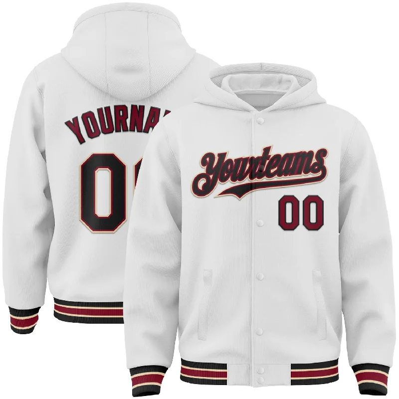 Soft Hoodie with Adjustable Drawstrings for Fit-Custom White Black Crimson-City Cream Bomber Full-Snap Varsity Letterman Hoodie Jacket