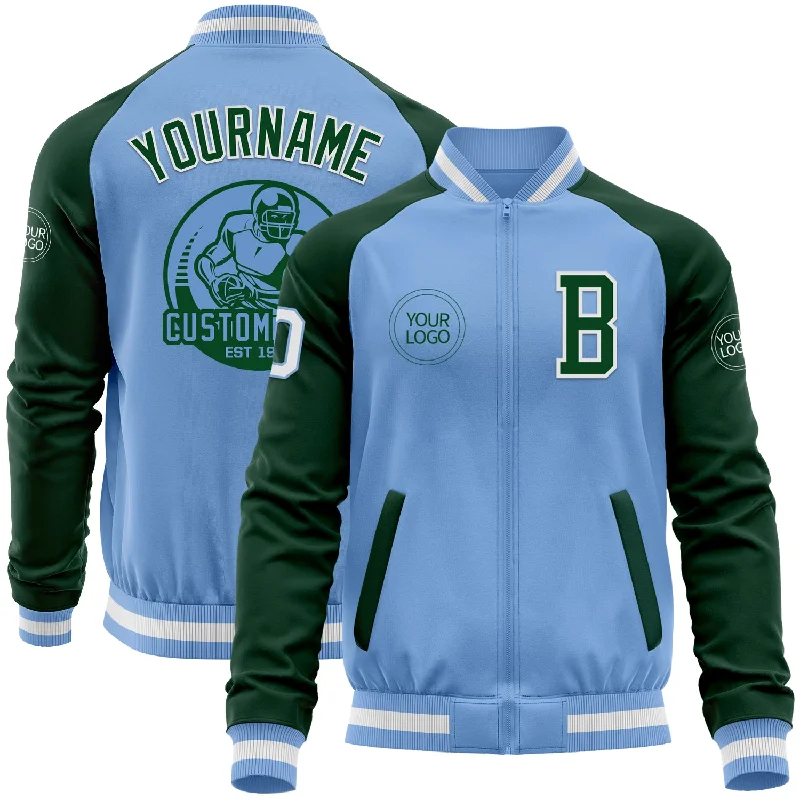 Casual Zip-Up Jacket for Active Days-Custom Light Blue White-Green Bomber Varsity Letterman Two Tone Zipper Jacket