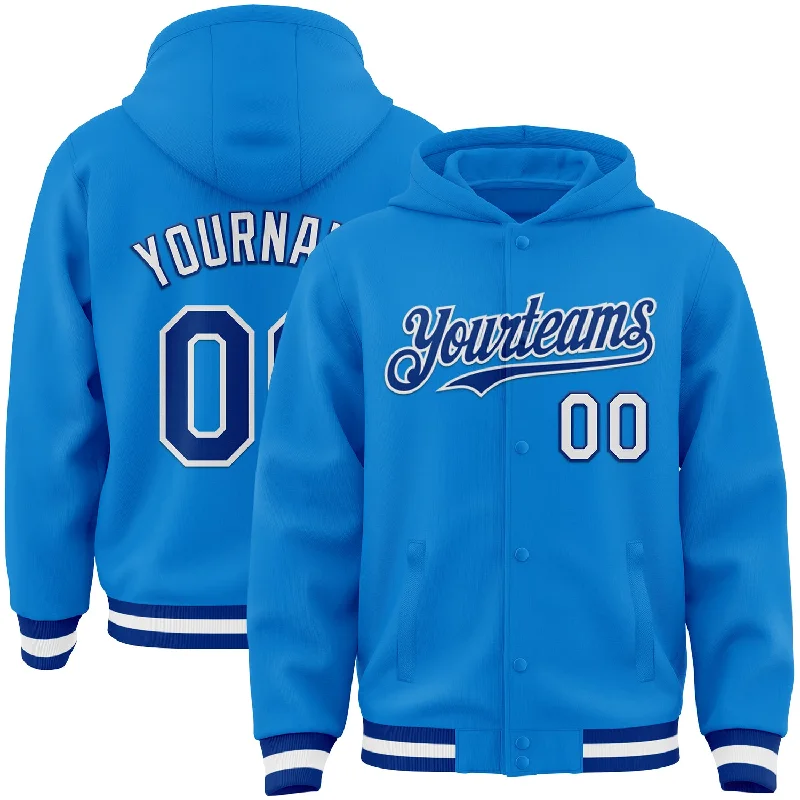 Retro-Inspired Hoodie for Vintage Look-Custom Powder Blue Royal-White Bomber Full-Snap Varsity Letterman Hoodie Jacket