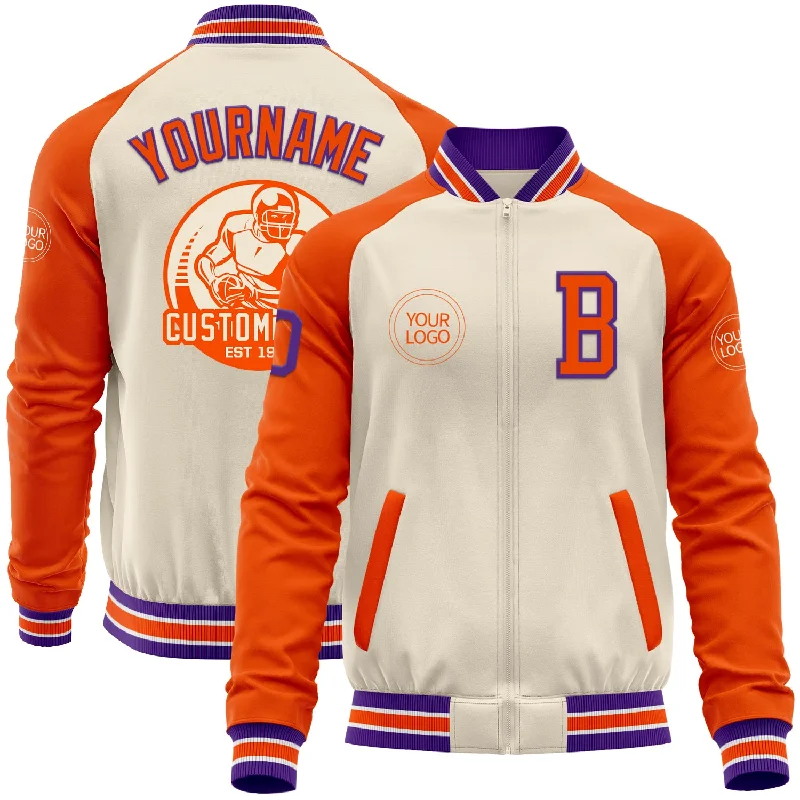 Lightweight Windbreaker Jacket for Active Days-Custom Cream Purple Orange-White Bomber Varsity Letterman Two Tone Zipper Jacket