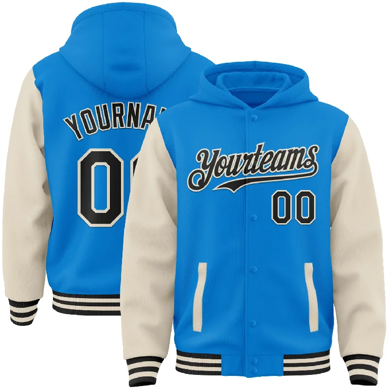 Modern Hoodie with Urban Design for Cool Look-Custom Powder Blue Black-Cream Bomber Full-Snap Varsity Letterman Two Tone Hoodie Jacket