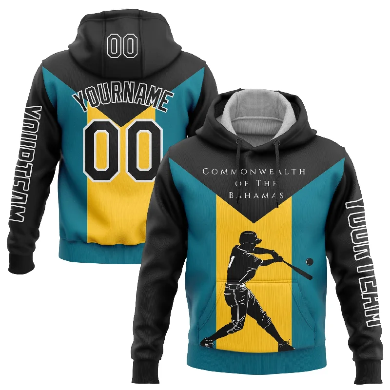 Warm Hooded Sweatshirt for Cozy Winter Wear-Custom Stitched Black Teal-Gold 3D Bahamas Bahamian Flag Sports Pullover Sweatshirt Hoodie