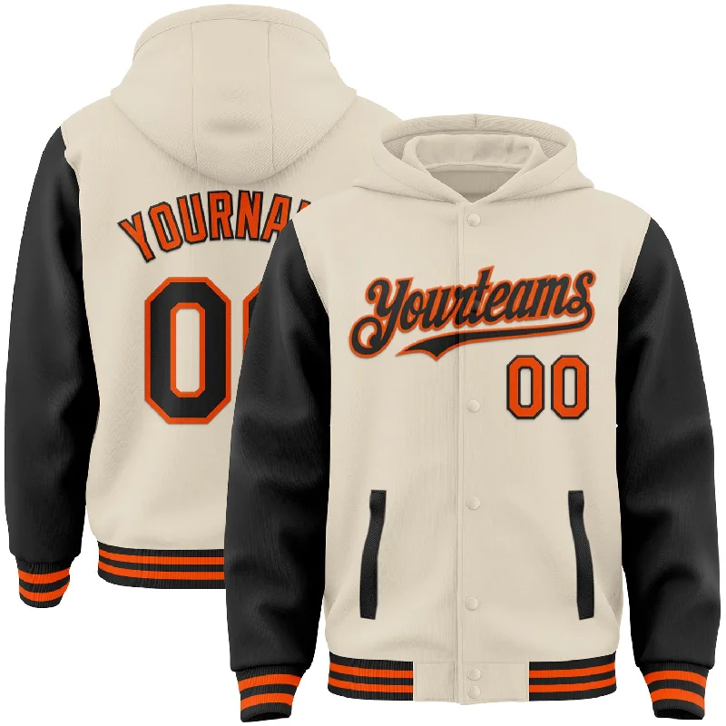 Warm Fleece Lined Hoodie for Winter Protection-Custom Cream Black-Orange Bomber Full-Snap Varsity Letterman Two Tone Hoodie Jacket