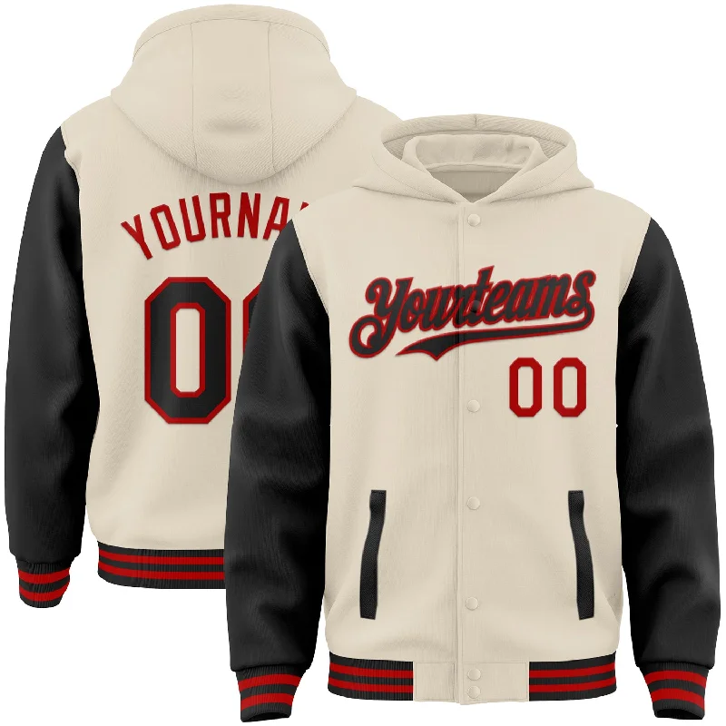 Comfortable Hoodie for Travel Days-Custom Cream Black-Red Bomber Full-Snap Varsity Letterman Two Tone Hoodie Jacket