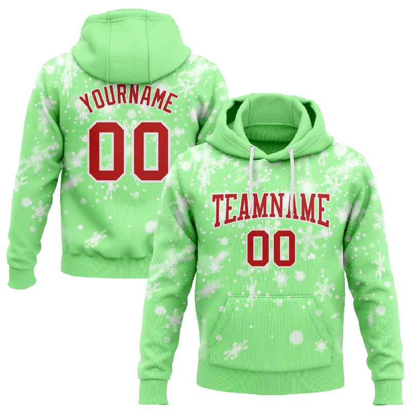 Comfortable Hoodie for All-Day Comfort-Custom Stitched Pea Green Red-White Christmas Snowflakes 3D Sports Pullover Sweatshirt Hoodie