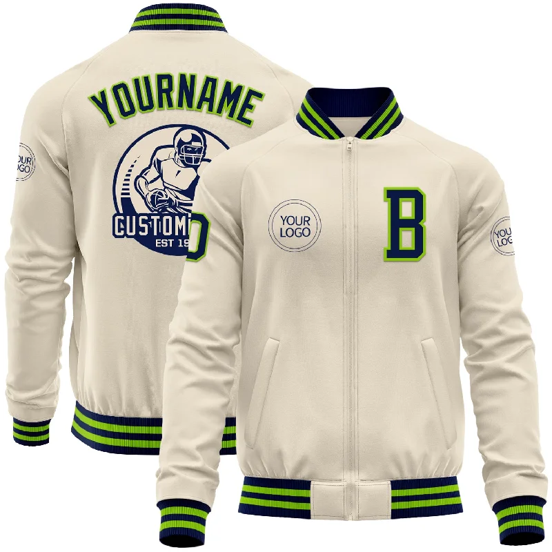 Warm Down Jacket for Cold Outdoor Activities-Custom Cream Navy-Neon Green Bomber Varsity Letterman Zipper Jacket