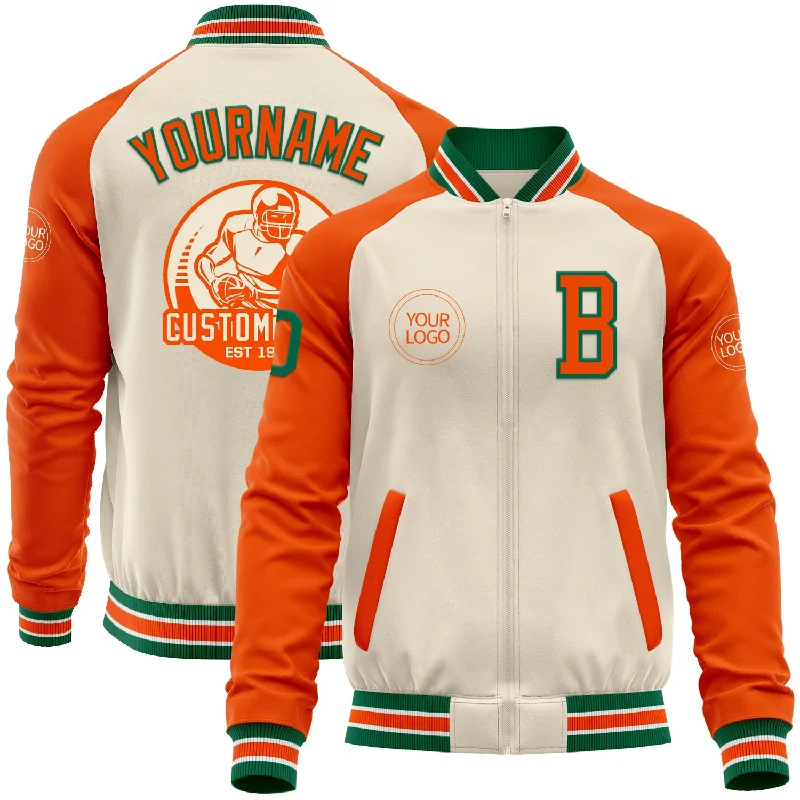 Cozy Fleece Jacket for Outdoor Comfort-Custom Cream Kelly Green Orange-White Bomber Varsity Letterman Two Tone Zipper Jacket