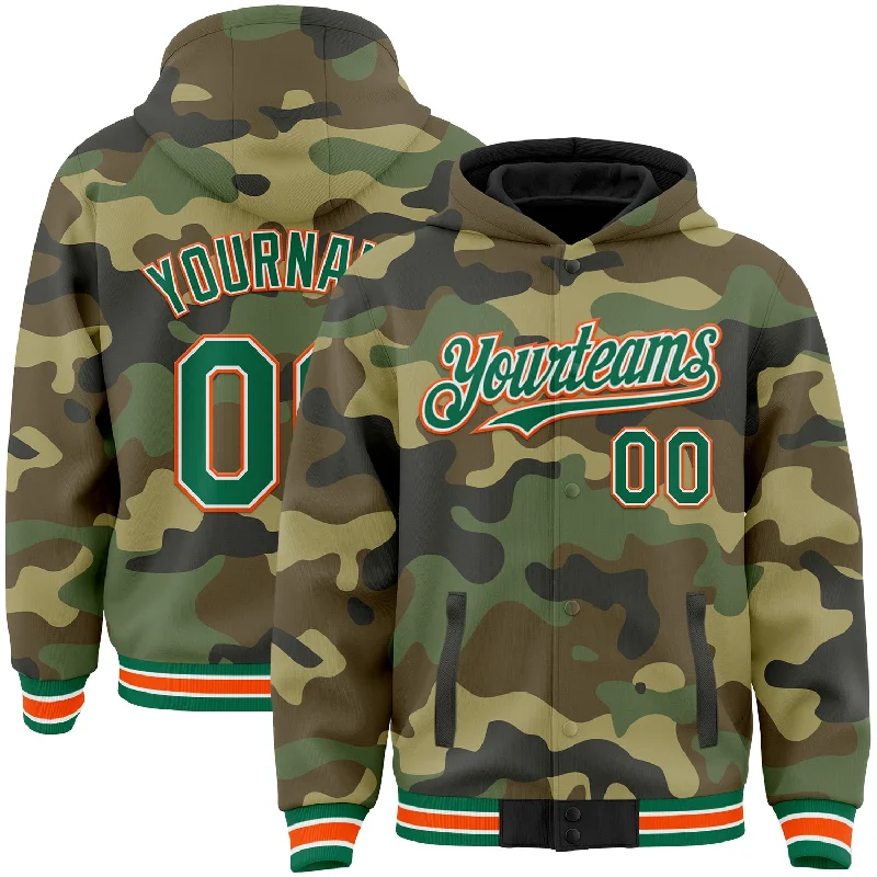 Warm Fleece Hoodie for Ultimate Cold Protection-Custom Camo Kelly Green-Orange Bomber Full-Snap Varsity Letterman Salute To Service Hoodie Jacket