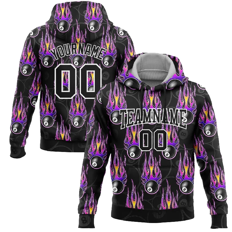 Sleek Hoodie for Cool, Casual Style-Custom Stitched Black White-Purple 3D Flame Billiard Snooker 8 Ball Sports Pullover Sweatshirt Hoodie